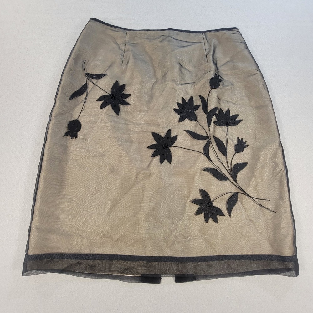 Vintage Y2K Donna Morgan Skirt Silk Floral Applique Mesh Black Beige Women's 12 - Picture 2 of 8